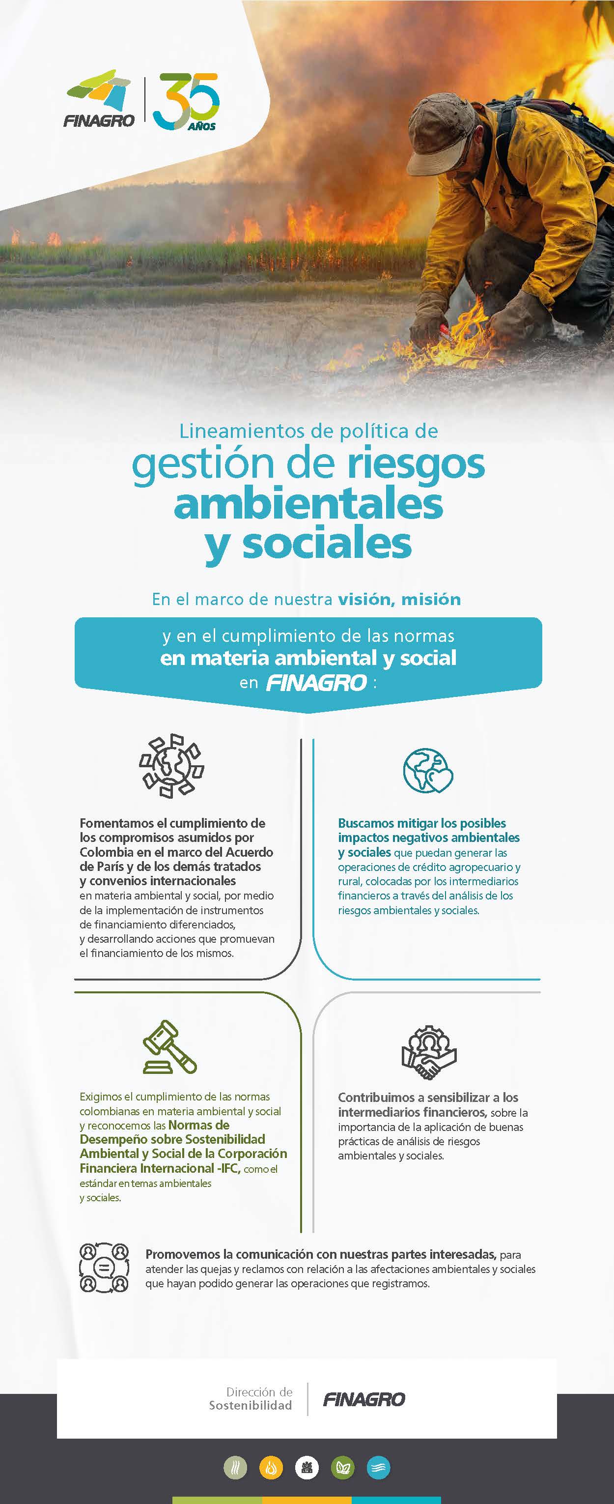 Infografía Gestión de Riesgos - Bombero apagando fuego